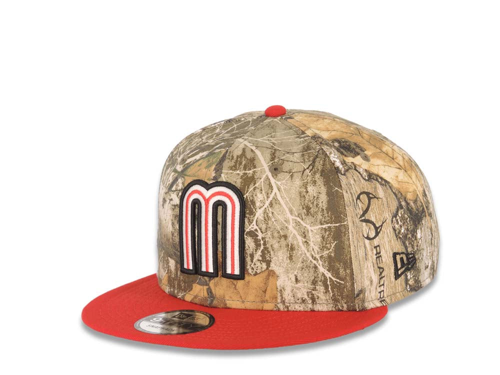 Mexico New Era 9FIFTY 950 Snapback Cap Hat Real Tree Edge Camo Crown Red Visor Glow White/Red “M” Logo Mexico Flag Side Patch