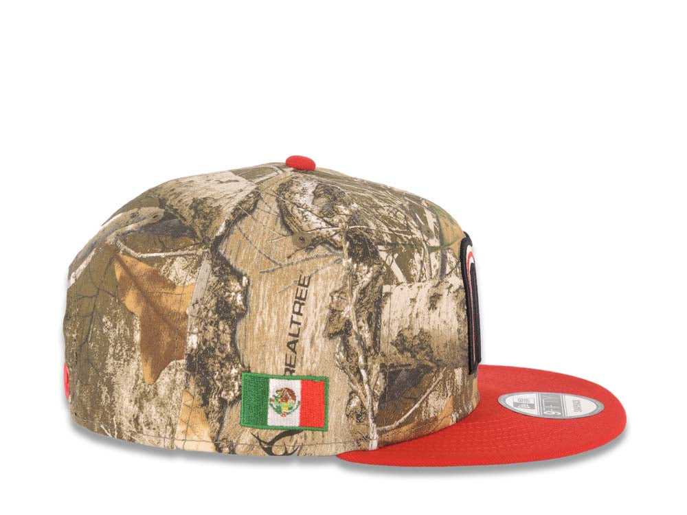 Mexico New Era 9FIFTY 950 Snapback Cap Hat Real Tree Edge Camo Crown Red Visor Glow White/Red “M” Logo Mexico Flag Side Patch