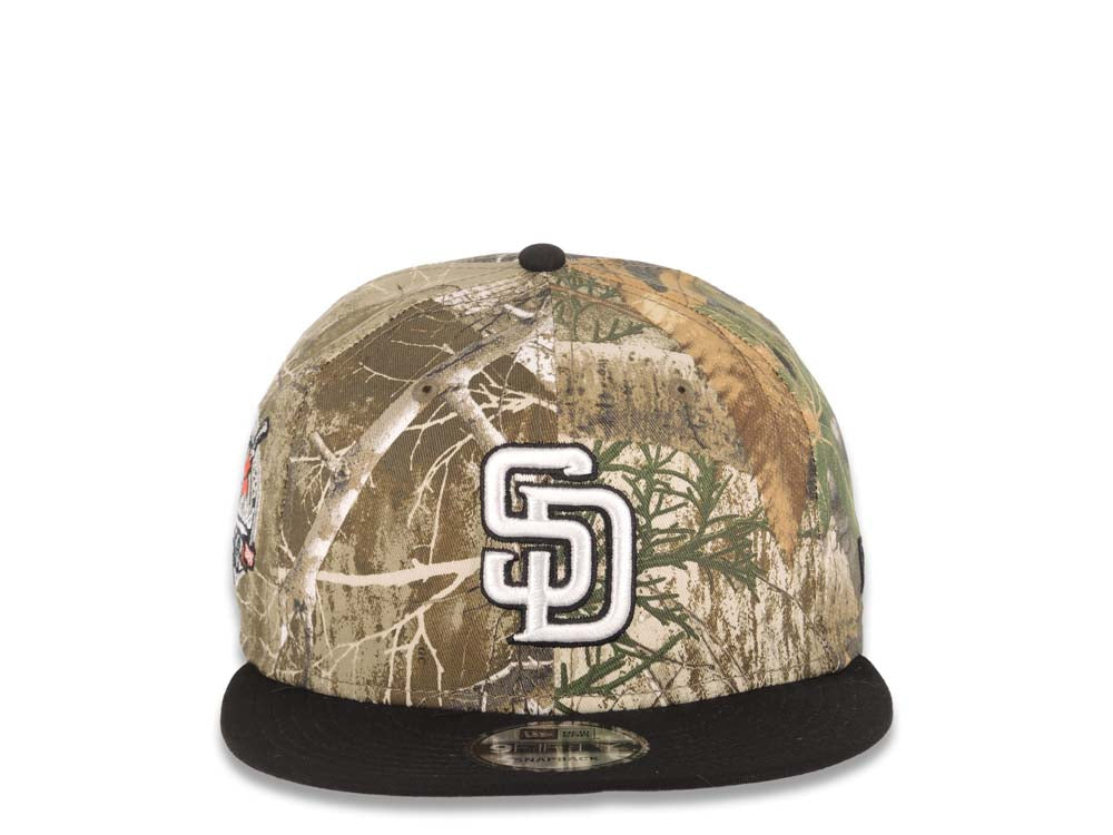 San Diego Padres New Era MLB 9FIFTY 950 Snapback Cap Hat Real Tree Edge Camo Crown Black Visor White/Black Logo 40th Anniversary Side Patch Gray UV