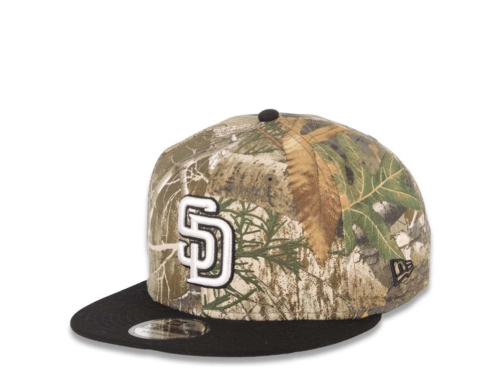 San Diego Padres New Era MLB 9FIFTY 950 Snapback Cap Hat Real Tree Edge Camo Crown Black Visor White/Black Logo 40th Anniversary Side Patch Gray UV