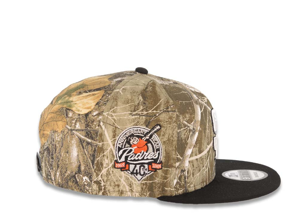 San Diego Padres New Era MLB 9FIFTY 950 Snapback Cap Hat Real Tree Edge Camo Crown Black Visor White/Black Logo 40th Anniversary Side Patch Gray UV