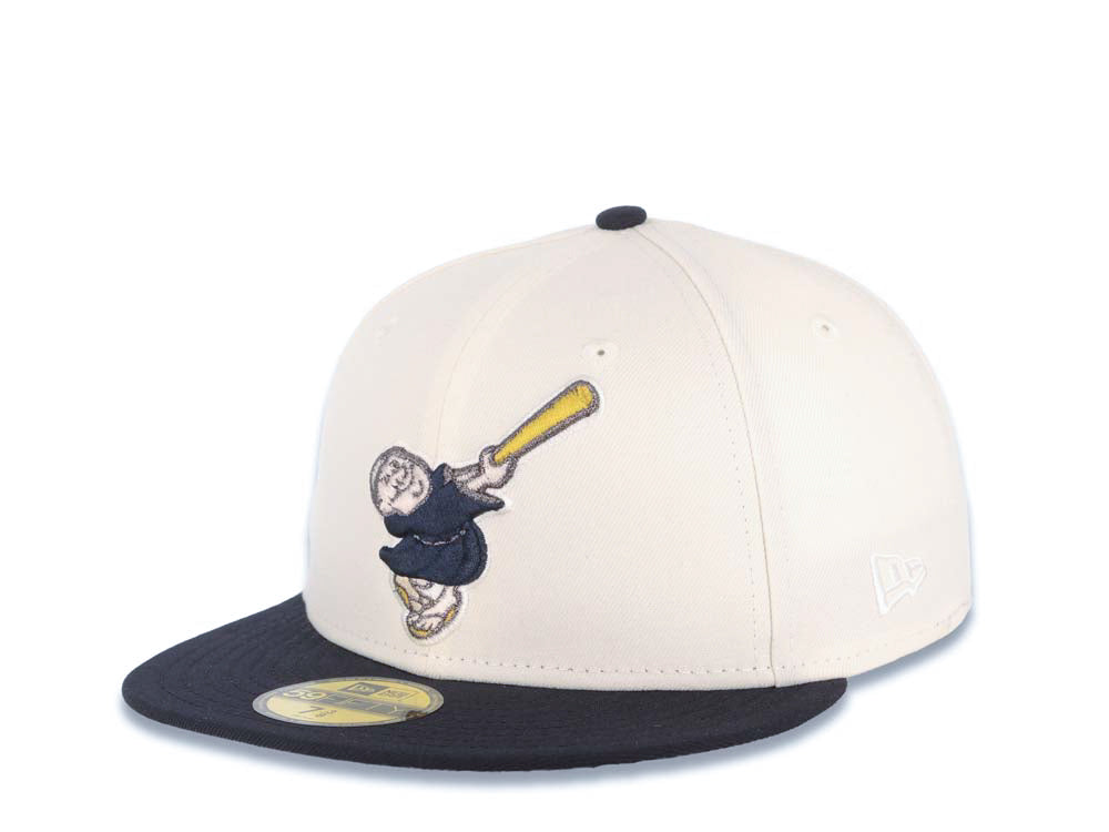 San Diego Padres New Era MLB 59FIFTY 5950 Fitted Cap Hat Cream Crown Navy Blue Visor Navy Swinging Friar Logo Jackie Robinson 50th Anniversary Side Patch