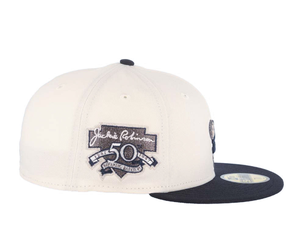 San Diego Padres New Era MLB 59FIFTY 5950 Fitted Cap Hat Cream Crown Navy Blue Visor Navy Swinging Friar Logo Jackie Robinson 50th Anniversary Side Patch