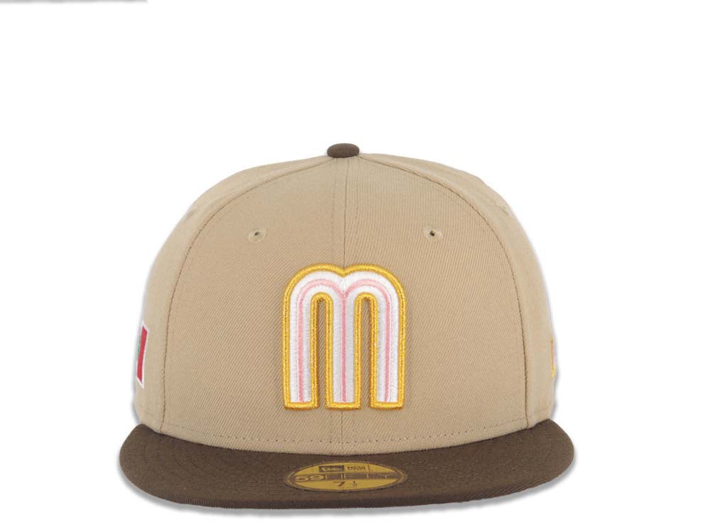 Mexico New Era 59FIFTY 5950 Fitted Cap Hat Khaki Crown Brown Visor Pink/Cream/Metallic Gold Logo Mexico Flag Side Patch Gray UV