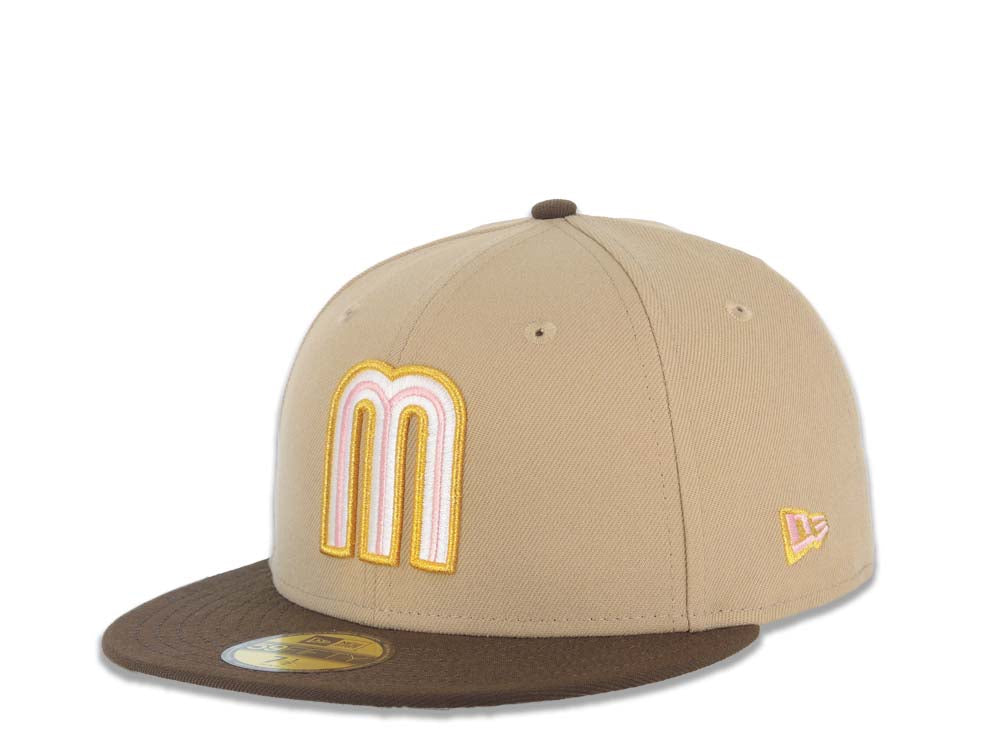 Mexico New Era 59FIFTY 5950 Fitted Cap Hat Khaki Crown Brown Visor Pink/Cream/Metallic Gold Logo Mexico Flag Side Patch Gray UV