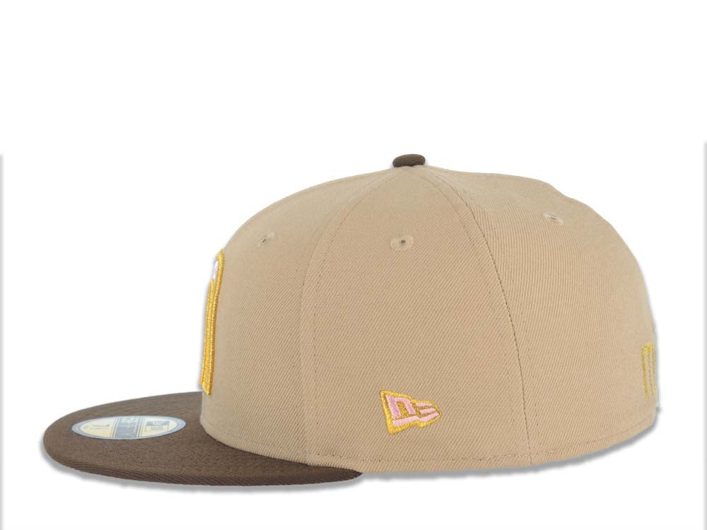 Mexico New Era 59FIFTY 5950 Fitted Cap Hat Khaki Crown Brown Visor Pink/Cream/Metallic Gold Logo Mexico Flag Side Patch Gray UV
