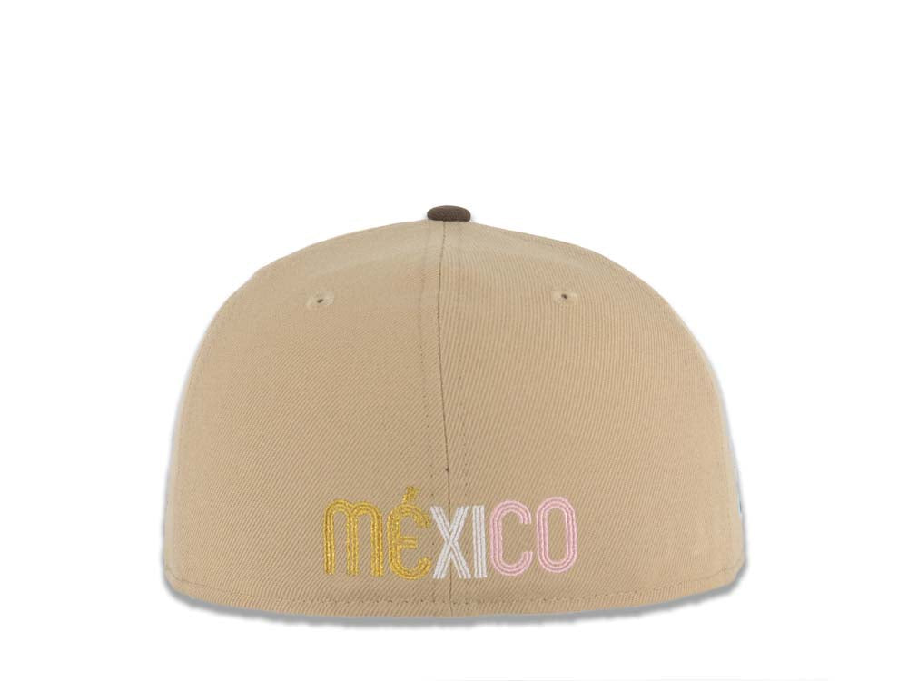 Mexico New Era 59FIFTY 5950 Fitted Cap Hat Khaki Crown Brown Visor Pink/Cream/Metallic Gold Logo Mexico Flag Side Patch Gray UV