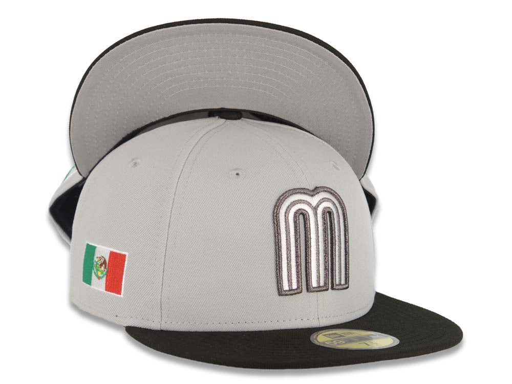 Mexico New Era 59FIFTY 5950 Fitted Cap Hat Gray Crown Black Visor White/Metallic Black Logo Mexico Flag Side Patch Gray UV