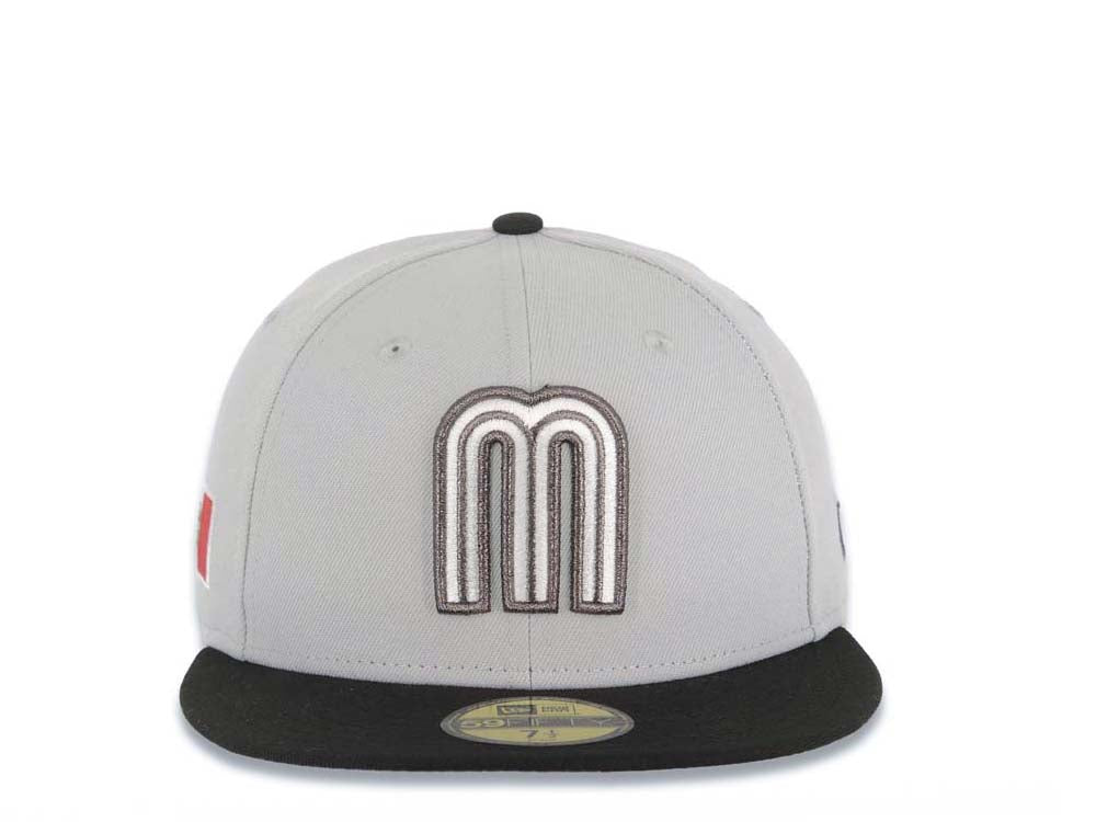 Mexico New Era 59FIFTY 5950 Fitted Cap Hat Gray Crown Black Visor White/Metallic Black Logo Mexico Flag Side Patch Gray UV