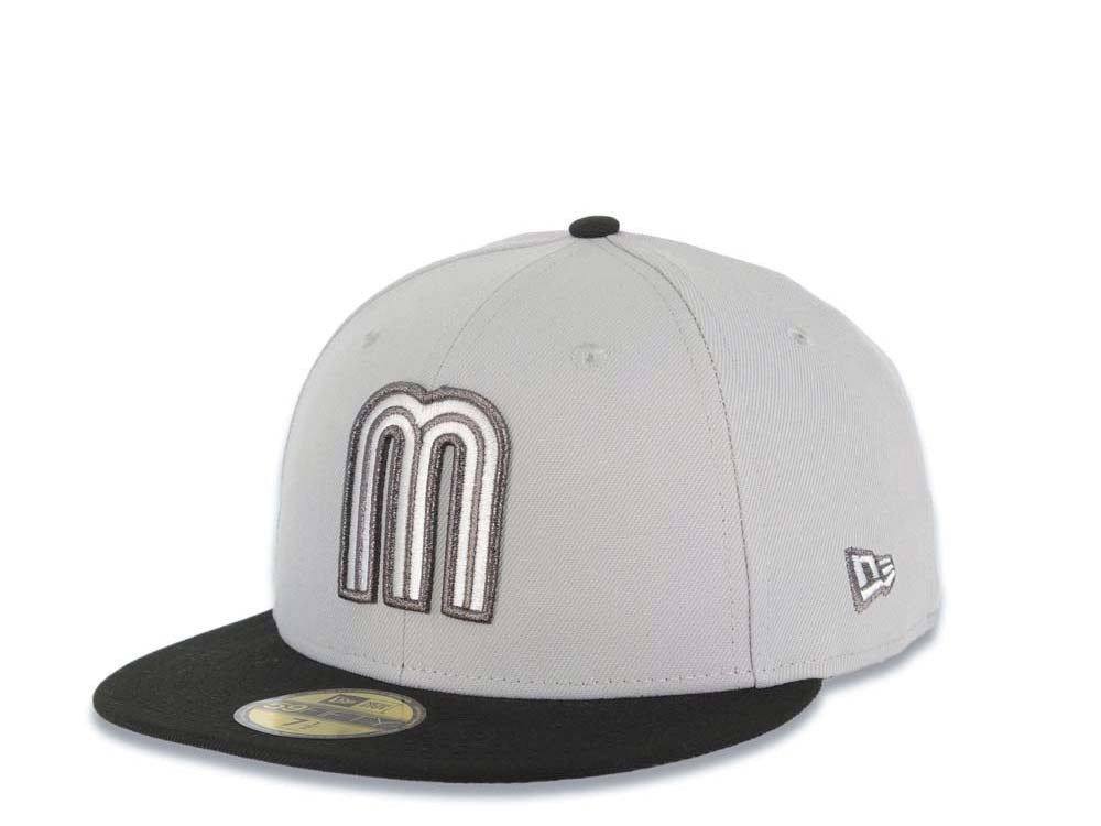 Mexico New Era 59FIFTY 5950 Fitted Cap Hat Gray Crown Black Visor White/Metallic Black Logo Mexico Flag Side Patch Gray UV