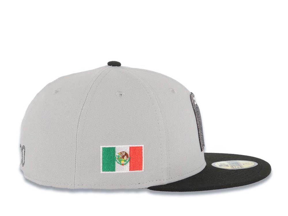 Mexico New Era 59FIFTY 5950 Fitted Cap Hat Gray Crown Black Visor White/Metallic Black Logo Mexico Flag Side Patch Gray UV