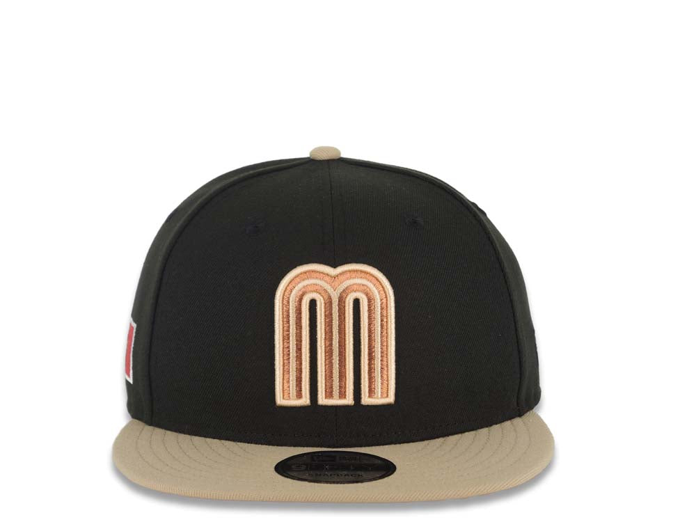 Mexico New Era WBC World Baseball Classic 9FIFTY 950 Snapback Cap Hat Black Crown Khaki Visor Metallic Brown Logo Mexico Flag Side Patch Orange UV