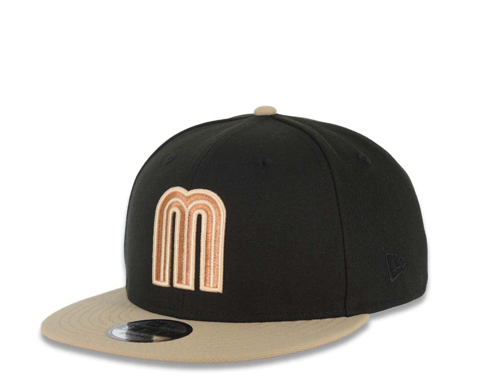 Mexico New Era WBC World Baseball Classic 9FIFTY 950 Snapback Cap Hat Black Crown Khaki Visor Metallic Brown Logo Mexico Flag Side Patch Orange UV