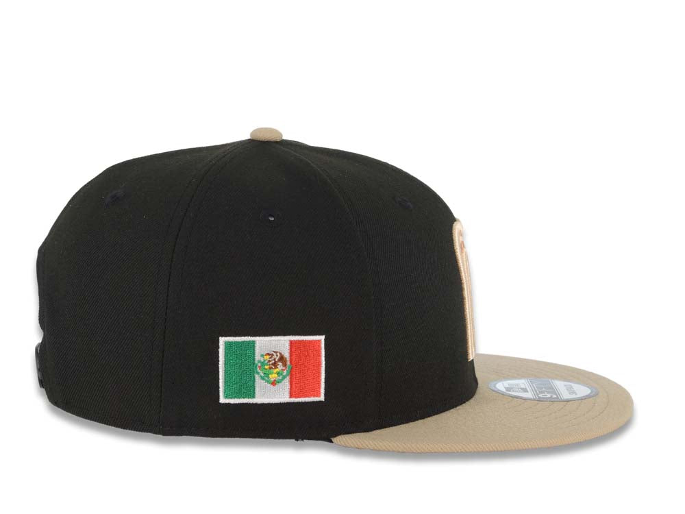 Mexico New Era WBC World Baseball Classic 9FIFTY 950 Snapback Cap Hat Black Crown Khaki Visor Metallic Brown Logo Mexico Flag Side Patch Orange UV