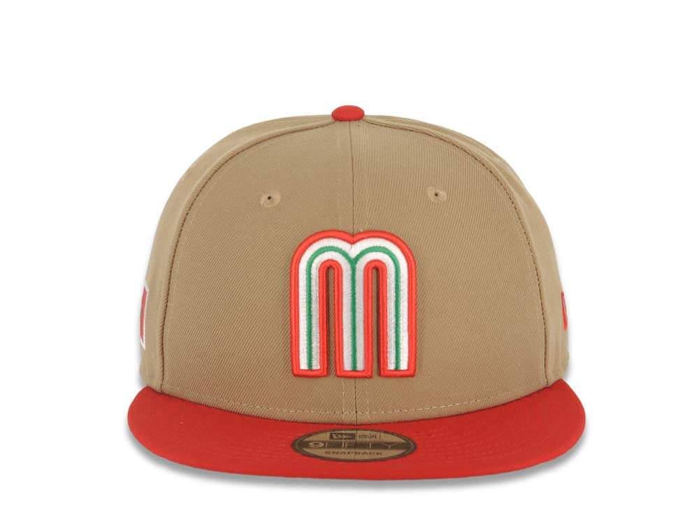 Mexico New Era WBC World Baseball Classic 9FIFTY 950 Snapback Cap Hat Khaki Crown Red Visor Team Color Logo Mexico Flag Side Patch Gray UV