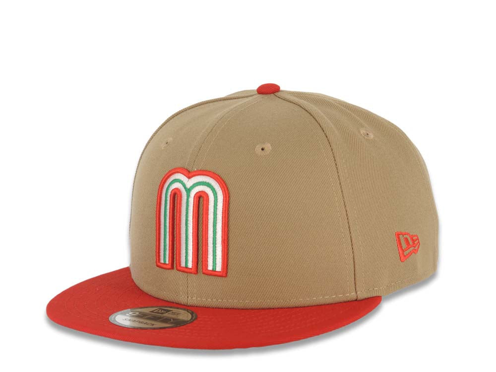 Mexico New Era WBC World Baseball Classic 9FIFTY 950 Snapback Cap Hat Khaki Crown Red Visor Team Color Logo Mexico Flag Side Patch Gray UV