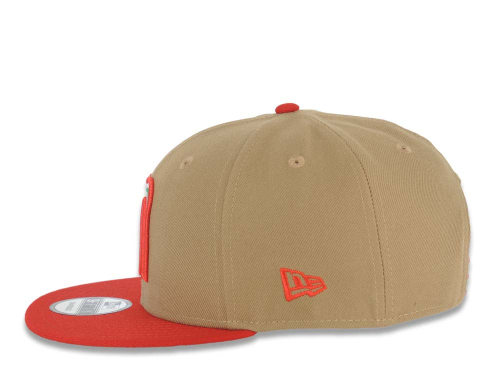 Mexico New Era WBC World Baseball Classic 9FIFTY 950 Snapback Cap Hat Khaki Crown Red Visor Team Color Logo Mexico Flag Side Patch Gray UV