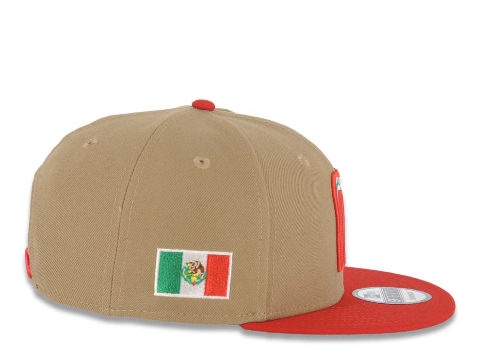 Mexico New Era WBC World Baseball Classic 9FIFTY 950 Snapback Cap Hat Khaki Crown Red Visor Team Color Logo Mexico Flag Side Patch Gray UV