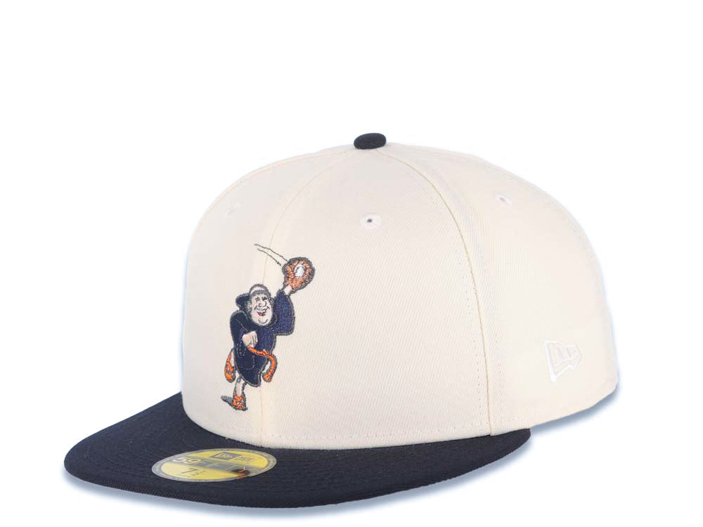 San Diego Padres New Era MLB 59FIFTY 5950 Fitted Cap Hat Cream Crown Navy Blue Visor Navy/Metallic Brown Catching Friar Logo Batting Friar Side Patch