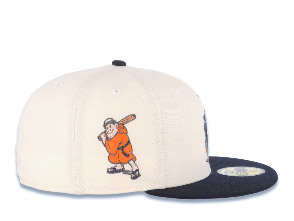 San Diego Padres New Era MLB 59FIFTY 5950 Fitted Cap Hat Cream Crown Navy Blue Visor Navy/Metallic Brown Catching Friar Logo Batting Friar Side Patch