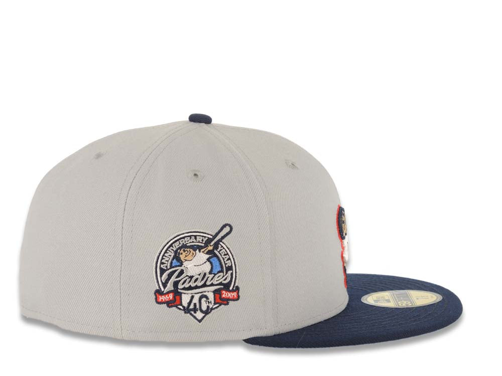 San Diego Padres New Era MLB 59FIFTY 5950 Fitted Cap Hat Gray Crown Navy Blue Visor White/Red Swinging Friar Logo 40th Anniversary Side Patch Blue UV