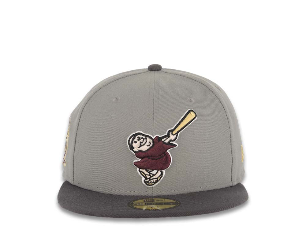 San Diego Padres New Era MLB 59FIFTY 5950 Fitted Cap Hat Gray Crown Dark Gray Visor Maroon/Yellow Swinging Friar Logo 25th Anniversary Side Patch