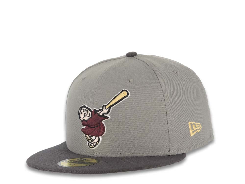 San Diego Padres New Era MLB 59FIFTY 5950 Fitted Cap Hat Gray Crown Dark Gray Visor Maroon/Yellow Swinging Friar Logo 25th Anniversary Side Patch
