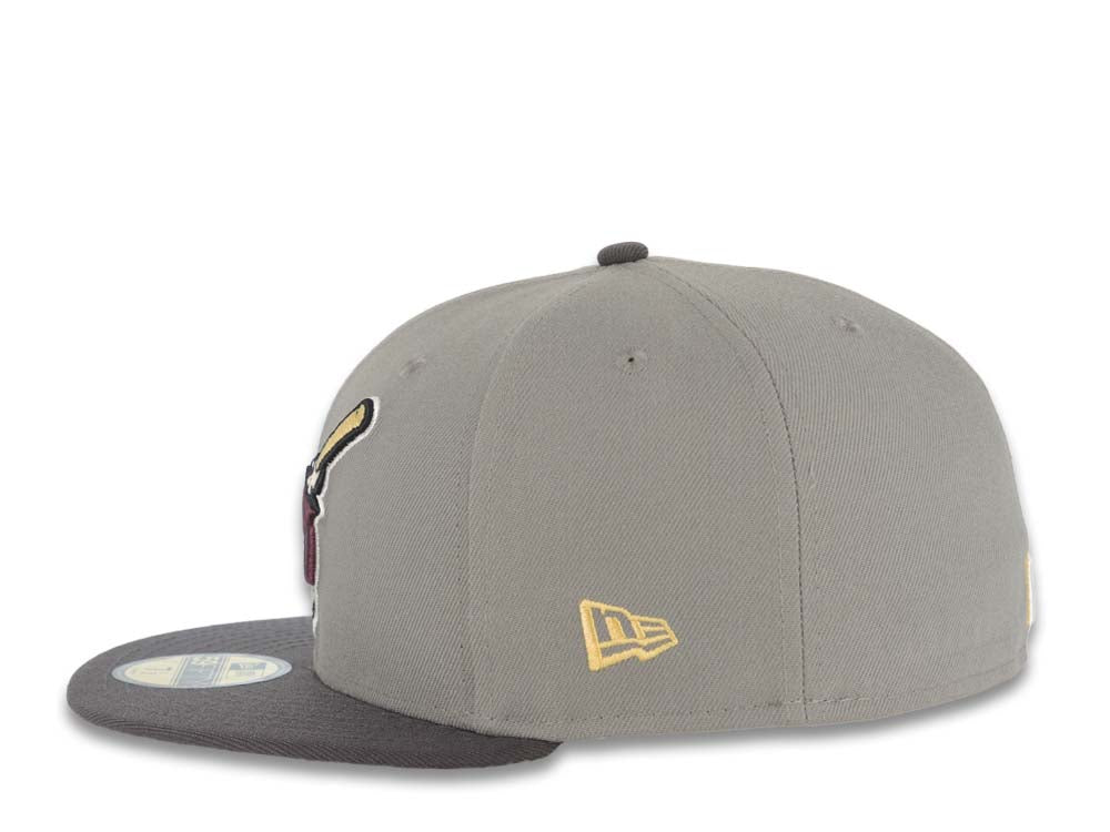 San Diego Padres New Era MLB 59FIFTY 5950 Fitted Cap Hat Gray Crown Dark Gray Visor Maroon/Yellow Swinging Friar Logo 25th Anniversary Side Patch