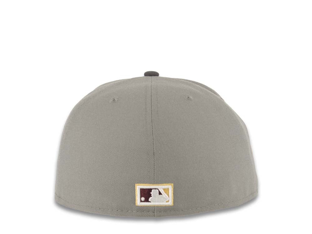 San Diego Padres New Era MLB 59FIFTY 5950 Fitted Cap Hat Gray Crown Dark Gray Visor Maroon/Yellow Swinging Friar Logo 25th Anniversary Side Patch