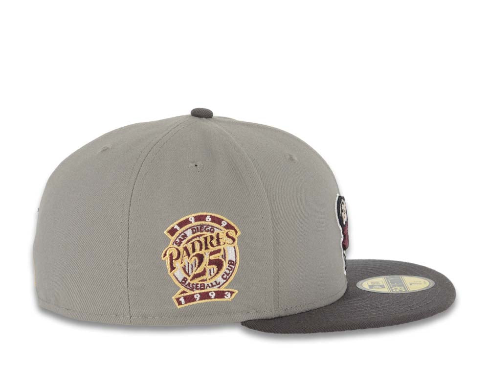 San Diego Padres New Era MLB 59FIFTY 5950 Fitted Cap Hat Gray Crown Dark Gray Visor Maroon/Yellow Swinging Friar Logo 25th Anniversary Side Patch