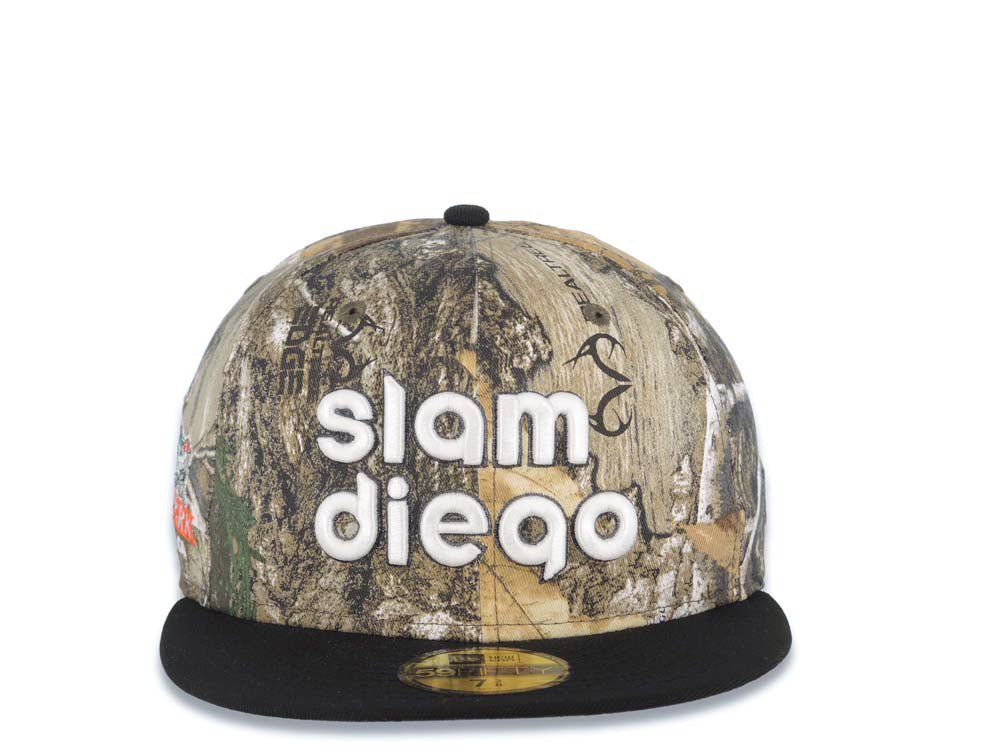 San Diego Padres New Era MLB 59FIFTY 5950 Fitted Cap Hat Real Tree Edge Camo Crown Black Visor Glow White Slam Script Logo Petco Park Side Patch