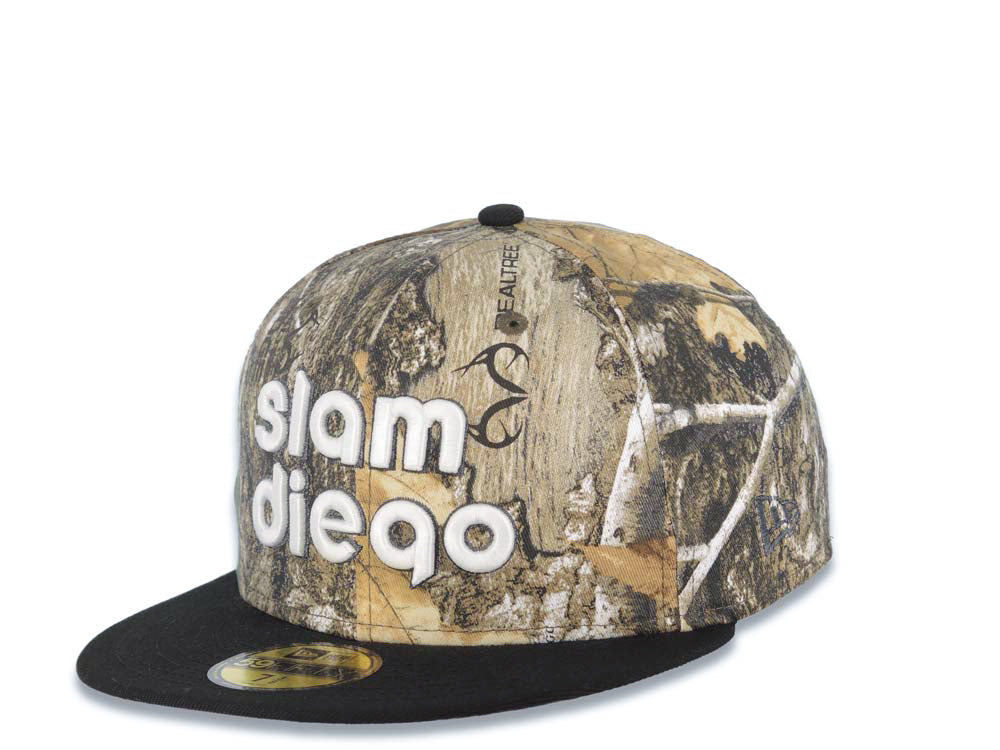 San Diego Padres New Era MLB 59FIFTY 5950 Fitted Cap Hat Real Tree Edge Camo Crown Black Visor Glow White Slam Script Logo Petco Park Side Patch