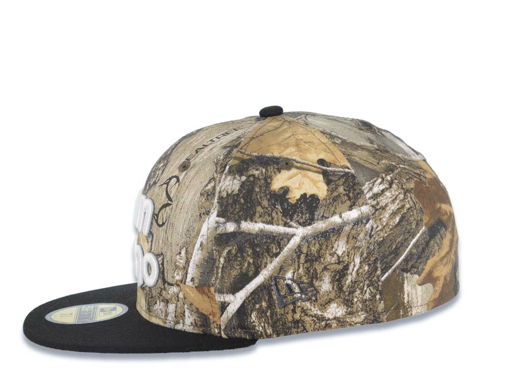 San Diego Padres New Era MLB 59FIFTY 5950 Fitted Cap Hat Real Tree Edge Camo Crown Black Visor Glow White Slam Script Logo Petco Park Side Patch