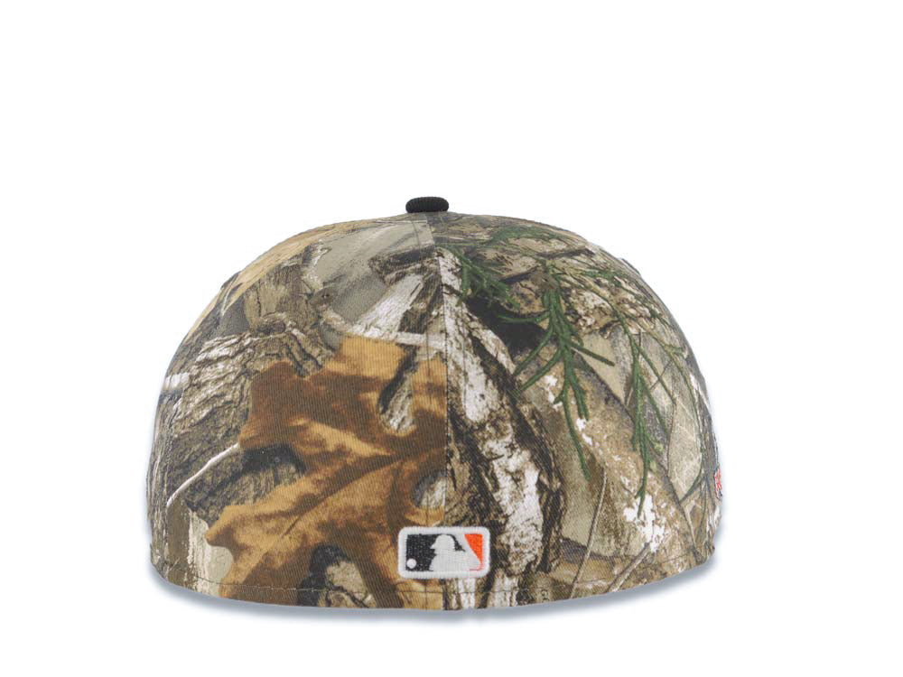 San Diego Padres New Era MLB 59FIFTY 5950 Fitted Cap Hat Real Tree Edge Camo Crown Black Visor Glow White Slam Script Logo Petco Park Side Patch