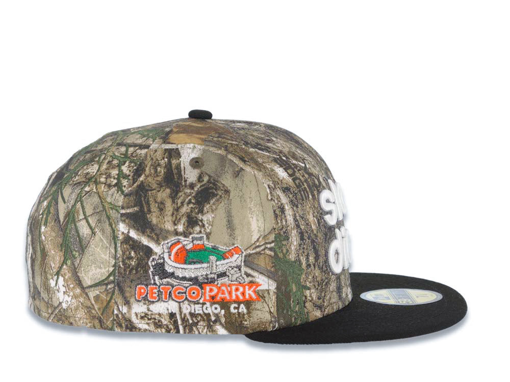 San Diego Padres New Era MLB 59FIFTY 5950 Fitted Cap Hat Real Tree Edge Camo Crown Black Visor Glow White Slam Script Logo Petco Park Side Patch