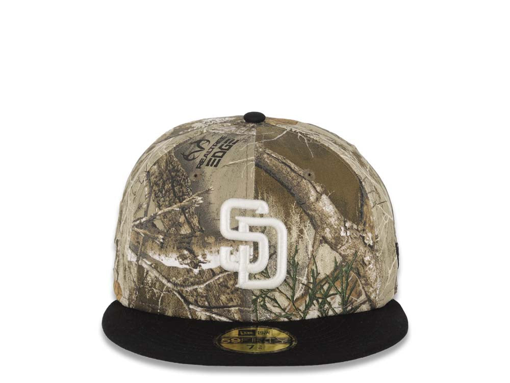 (Glow White) San Diego Padres New Era MLB 59FIFTY 5950 Fitted Cap Hat Real Tree Edge Camo Crown Black Visor Glow White Logo Batterman Batty Side Patch