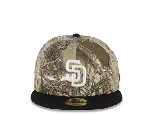 (Glow White) San Diego Padres New Era MLB 59FIFTY 5950 Fitted Cap Hat Real Tree Edge Camo Crown Black Visor Glow White Logo Batterman Batty Side Patch