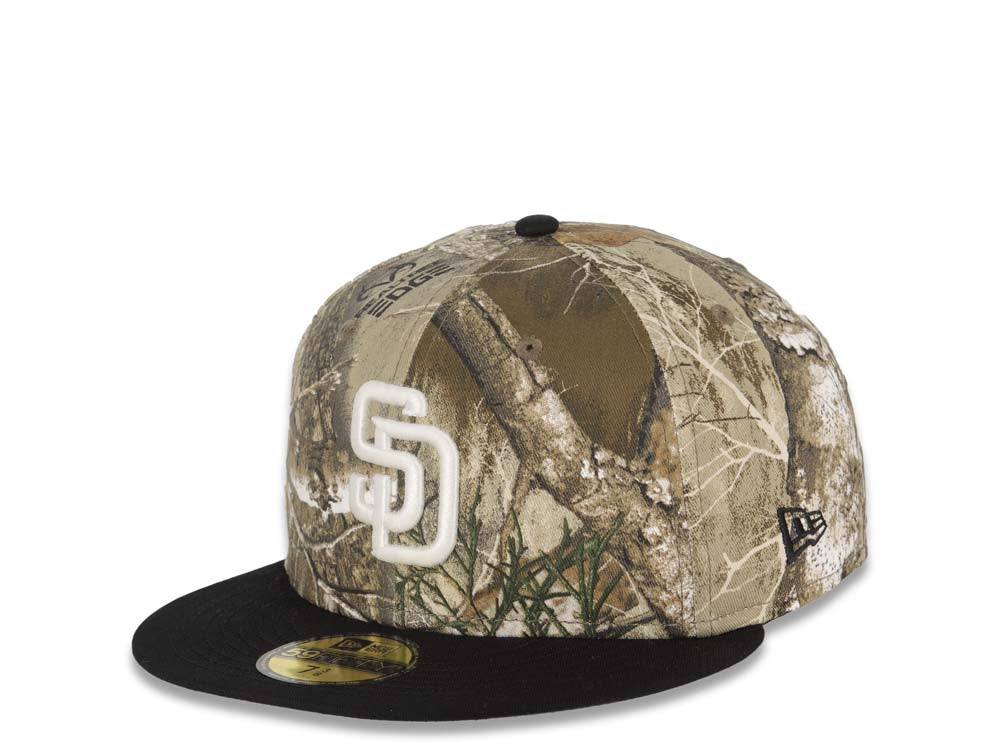(Glow White) San Diego Padres New Era MLB 59FIFTY 5950 Fitted Cap Hat Real Tree Edge Camo Crown Black Visor Glow White Logo Batterman Batty Side Patch