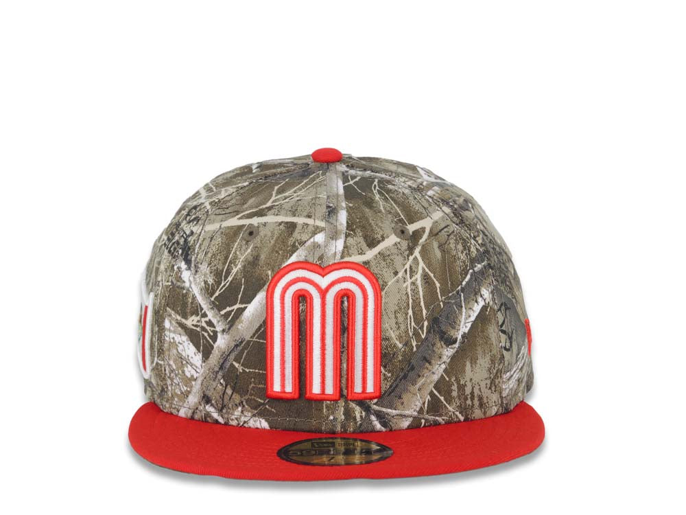 Mexico New Era 59FIFTY 5950 Fitted Cap Hat Real Tree Edge Camo Crown Red Visor Glow White/Red Logo Mexico Flag Side Patch Green UV