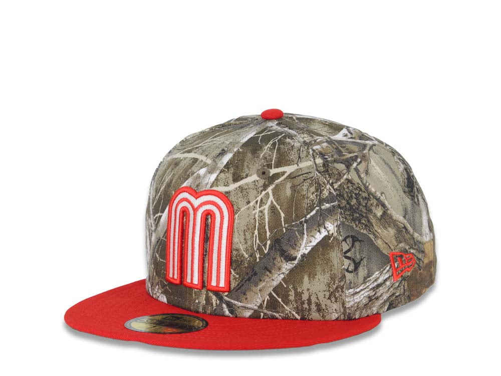 Mexico New Era 59FIFTY 5950 Fitted Cap Hat Real Tree Edge Camo Crown Red Visor Glow White/Red Logo Mexico Flag Side Patch Green UV