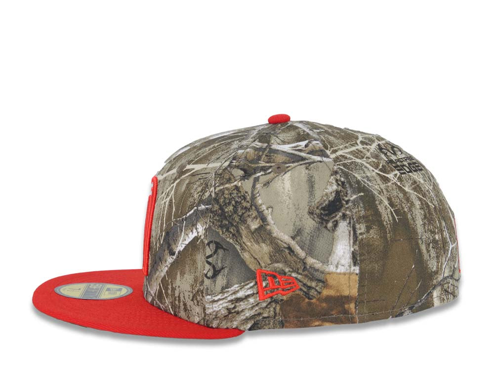 Mexico New Era 59FIFTY 5950 Fitted Cap Hat Real Tree Edge Camo Crown Red Visor Glow White/Red Logo Mexico Flag Side Patch Green UV