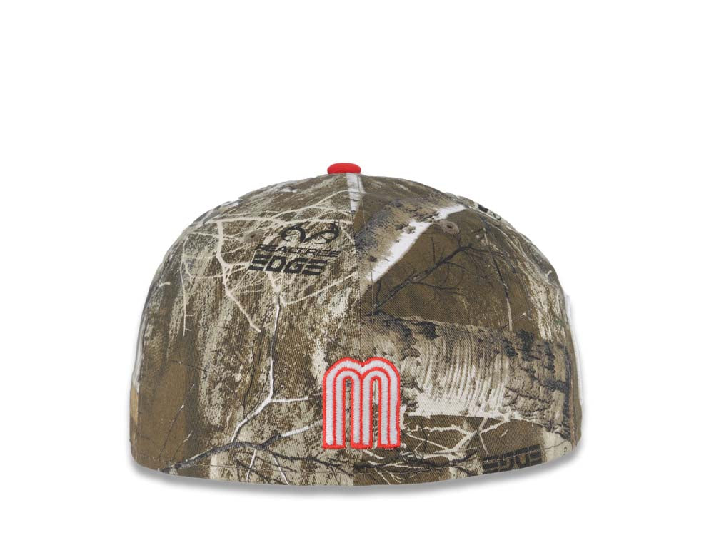 Mexico New Era 59FIFTY 5950 Fitted Cap Hat Real Tree Edge Camo Crown Red Visor Glow White/Red Logo Mexico Flag Side Patch Green UV