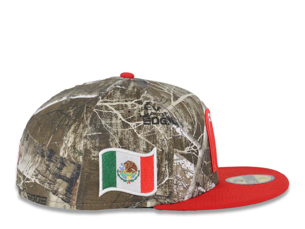 Mexico New Era 59FIFTY 5950 Fitted Cap Hat Real Tree Edge Camo Crown Red Visor Glow White/Red Logo Mexico Flag Side Patch Green UV
