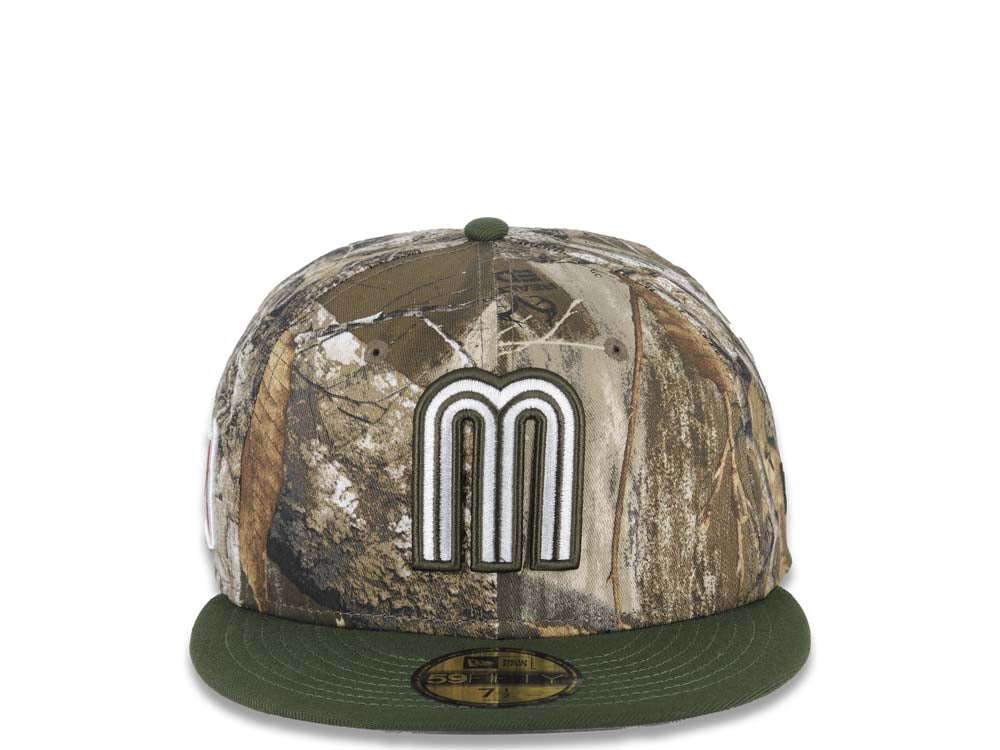 Mexico New Era 59FIFTY 5950 Fitted Cap Hat Real Tree Edge Camo Crown Olive Green Visor White/Olive Green Logo Mexico Flag Side Patch Gray UV