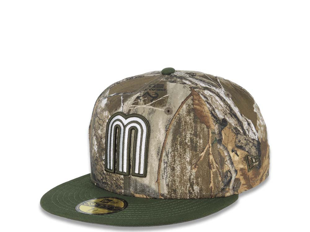 Mexico New Era 59FIFTY 5950 Fitted Cap Hat Real Tree Edge Camo Crown Olive Green Visor White/Olive Green Logo Mexico Flag Side Patch Gray UV