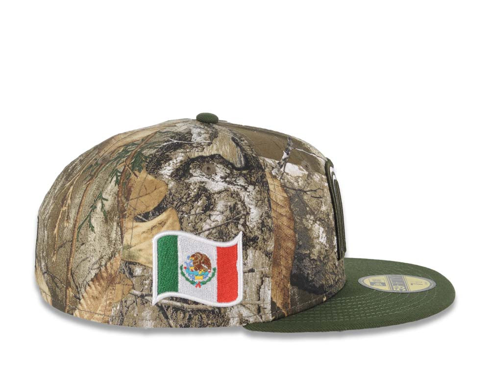 Mexico New Era 59FIFTY 5950 Fitted Cap Hat Real Tree Edge Camo Crown Olive Green Visor White/Olive Green Logo Mexico Flag Side Patch Gray UV