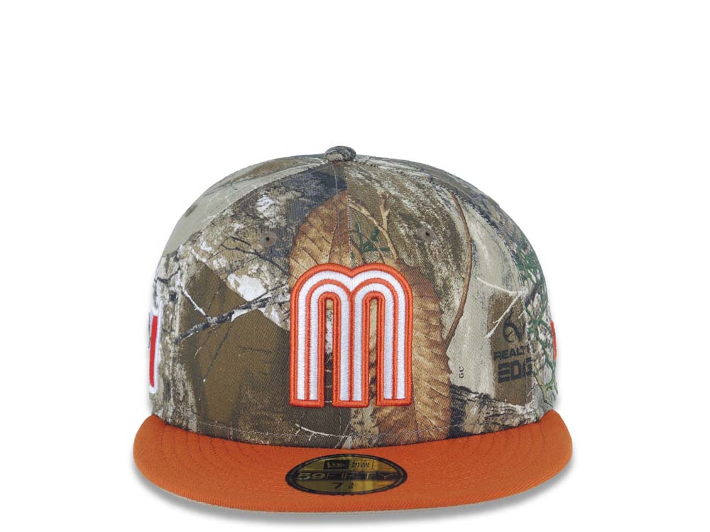 Mexico New Era 59FIFTY 5950 Fitted Cap Hat Real Tree Edge Camo Crown Dark Orange Visor White/Dark Orange Logo Mexico Flag Side Patch Gray UV