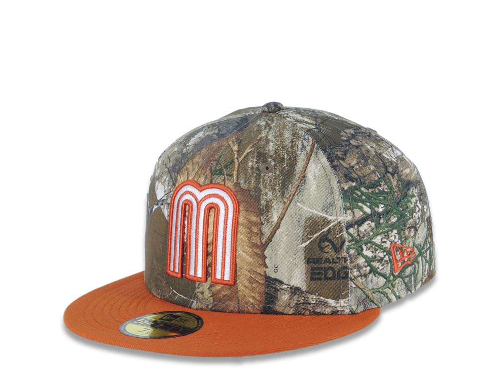 Mexico New Era 59FIFTY 5950 Fitted Cap Hat Real Tree Edge Camo Crown Dark Orange Visor White/Dark Orange Logo Mexico Flag Side Patch Gray UV