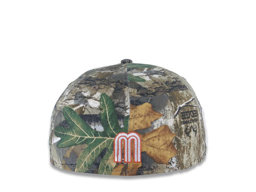 Mexico New Era 59FIFTY 5950 Fitted Cap Hat Real Tree Edge Camo Crown Dark Orange Visor White/Dark Orange Logo Mexico Flag Side Patch Gray UV