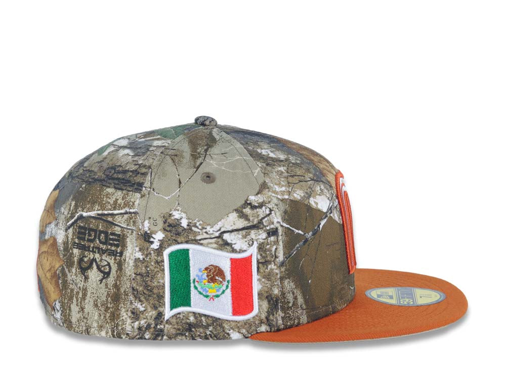 Mexico New Era 59FIFTY 5950 Fitted Cap Hat Real Tree Edge Camo Crown Dark Orange Visor White/Dark Orange Logo Mexico Flag Side Patch Gray UV